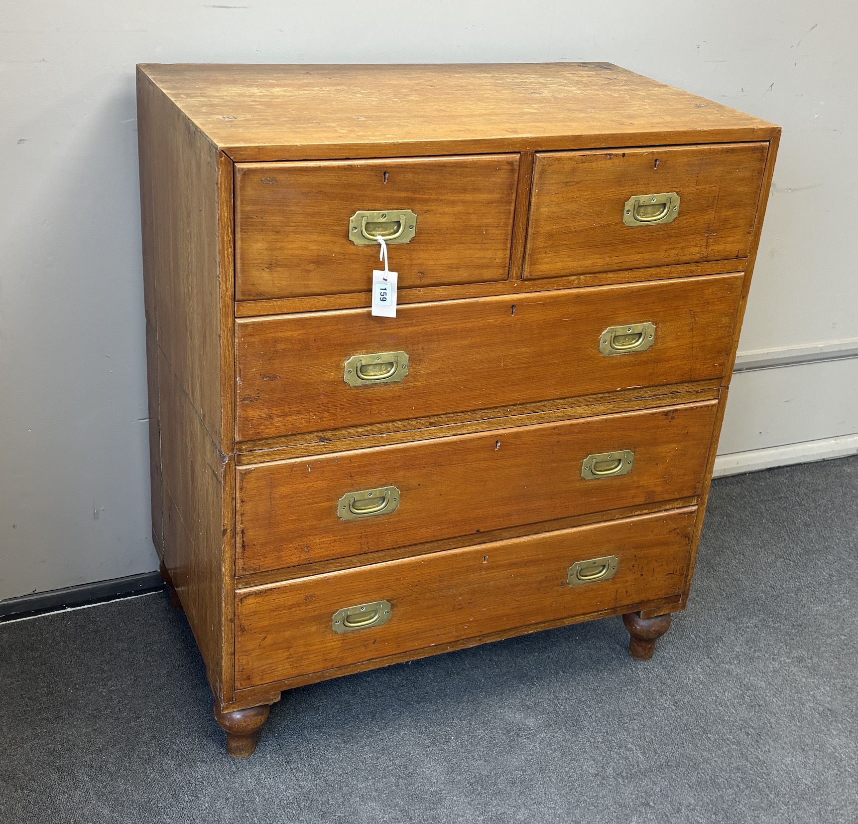 A Victorian teak two part military chest, width 91cm, depth 54cm, height 106cm